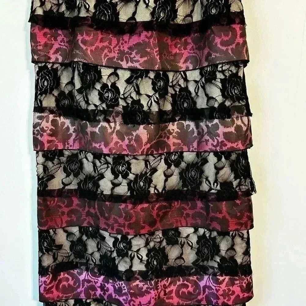 Sharon Tang Pink Black Floral Lace Tiered Midi Skirt‎ Large ST144080005-43 NEW - Picture 4 of 10